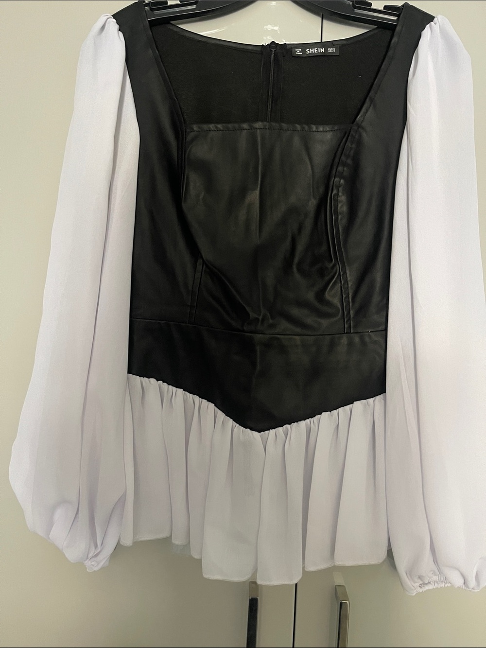 SHEIN Black Faux Leather Bodice Top with White Chiffon Balloon Sleeves